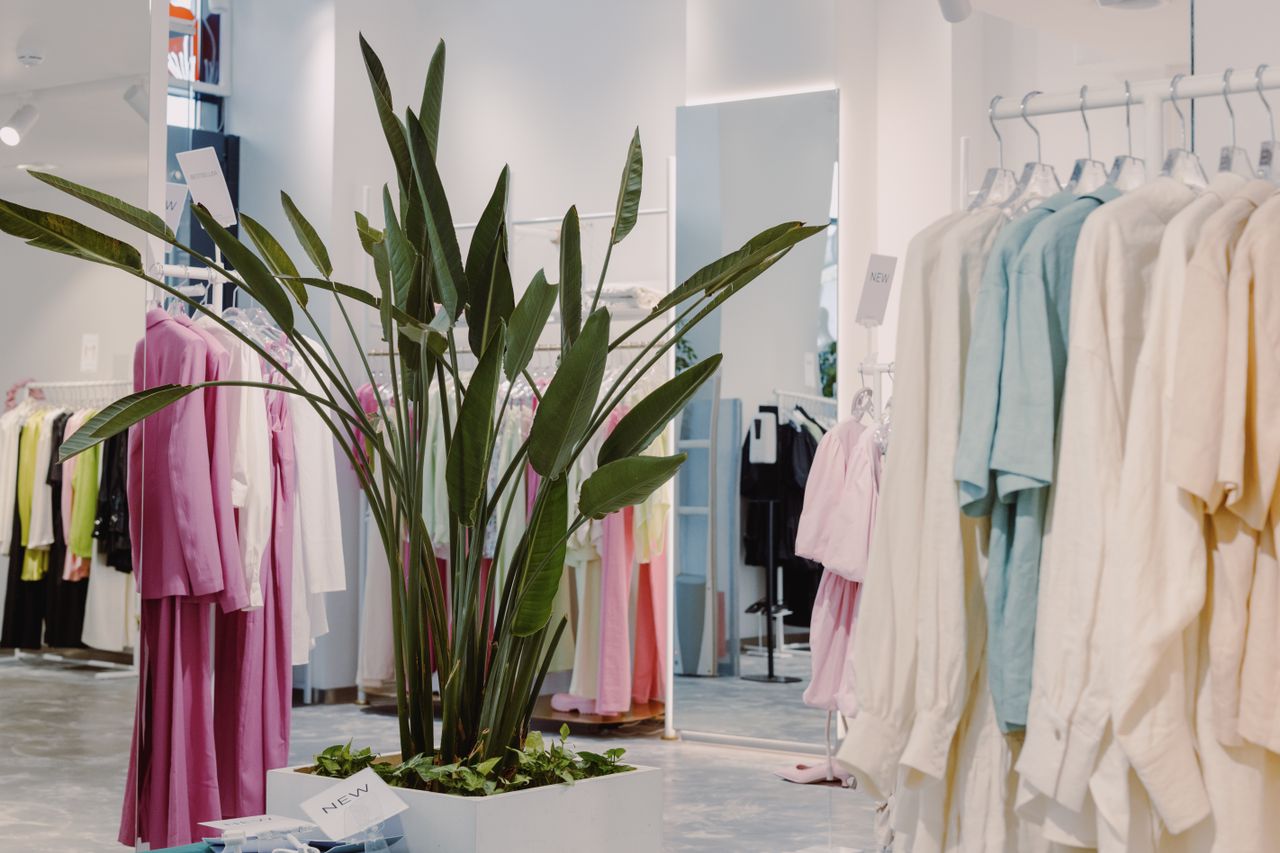 hero-img-01 Bright and airy boutique featuring pastel garments and a lush green plant centerpiece.